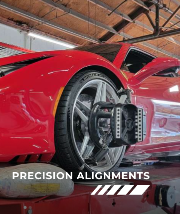 A red sports car is being aligned with precision alignments | Griffin Motorwerke