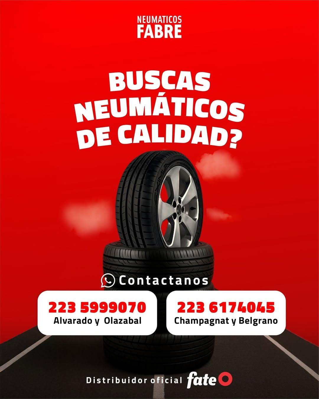 Anuncio de Neumáticos Fabre, fondo rojo, pregunta