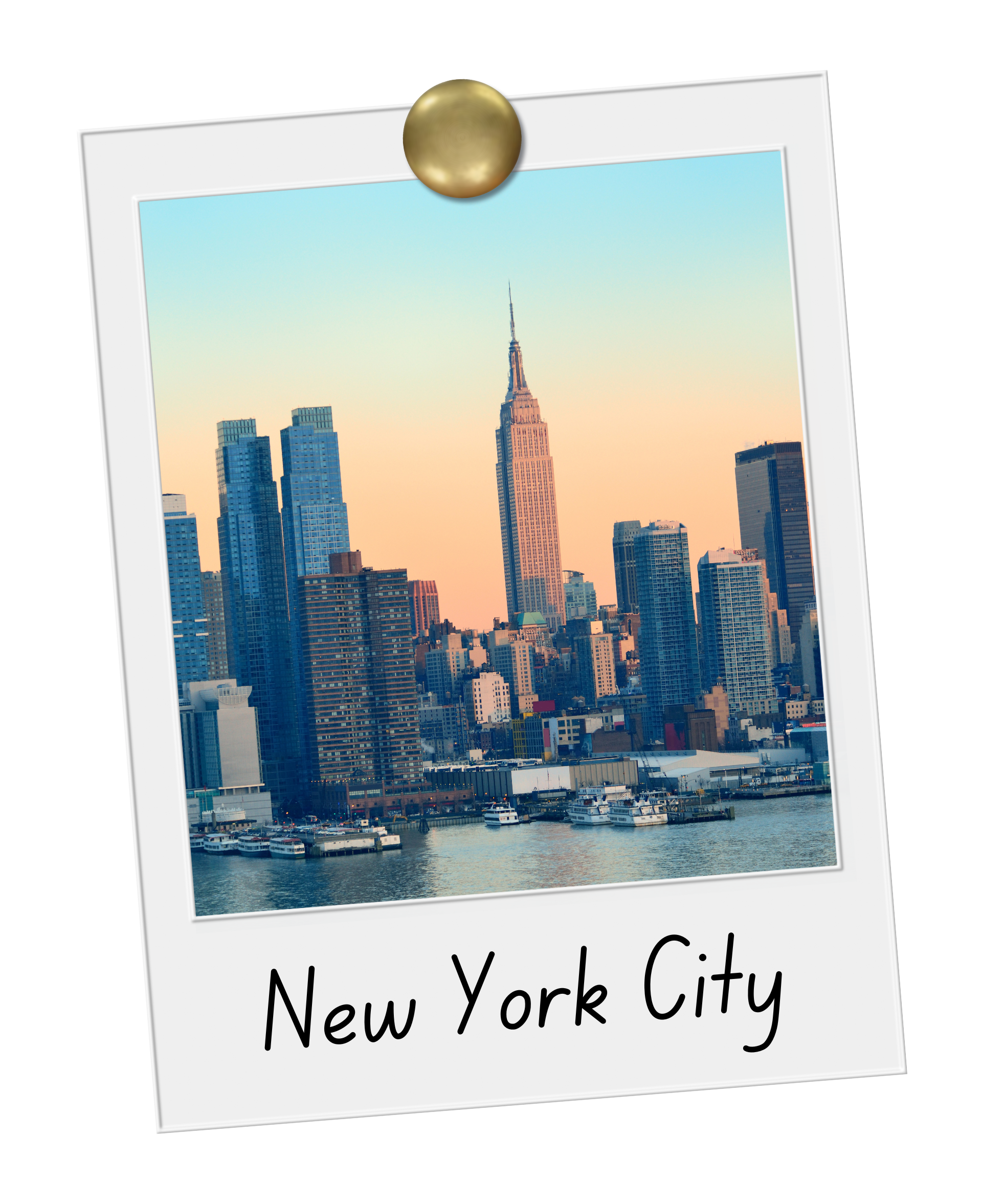 A picture of new york city is pinned to a white board