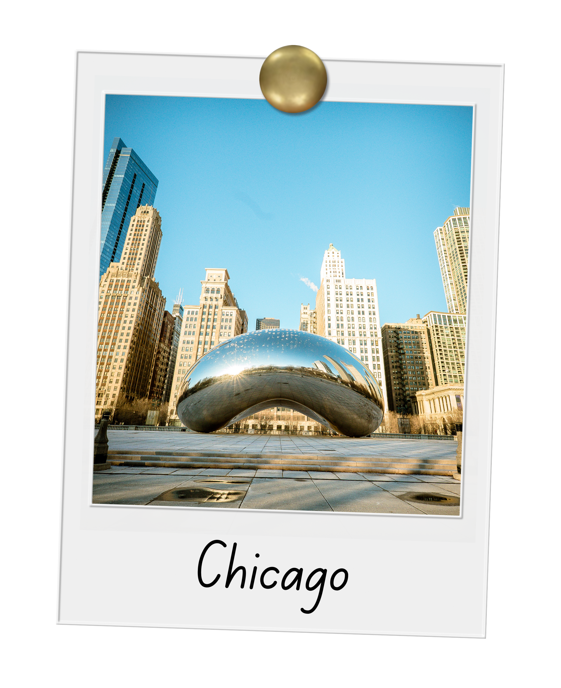 A picture of the bean in chicago is pinned to a wall.