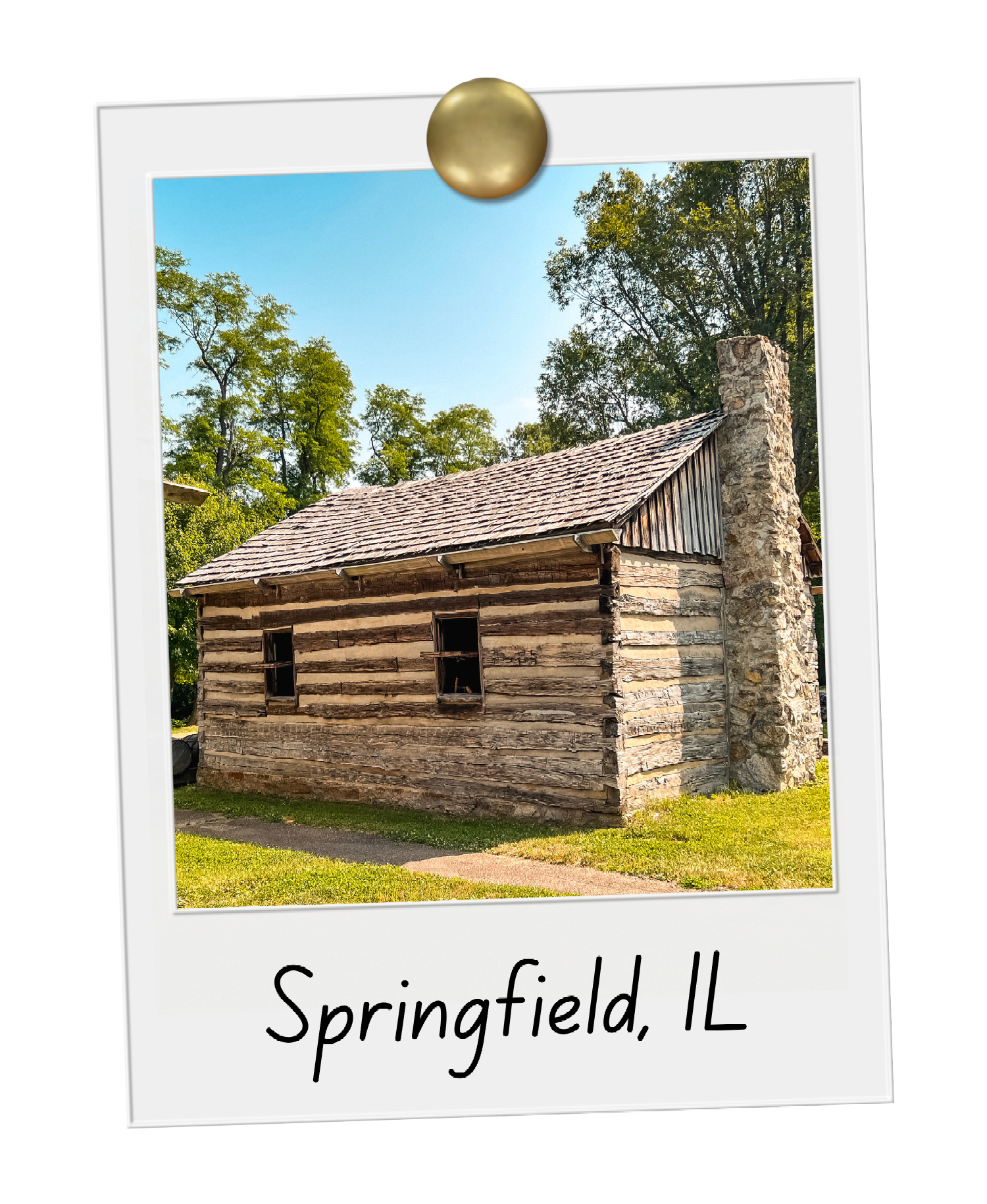 A polaroid picture of a log cabin in springfield , il.