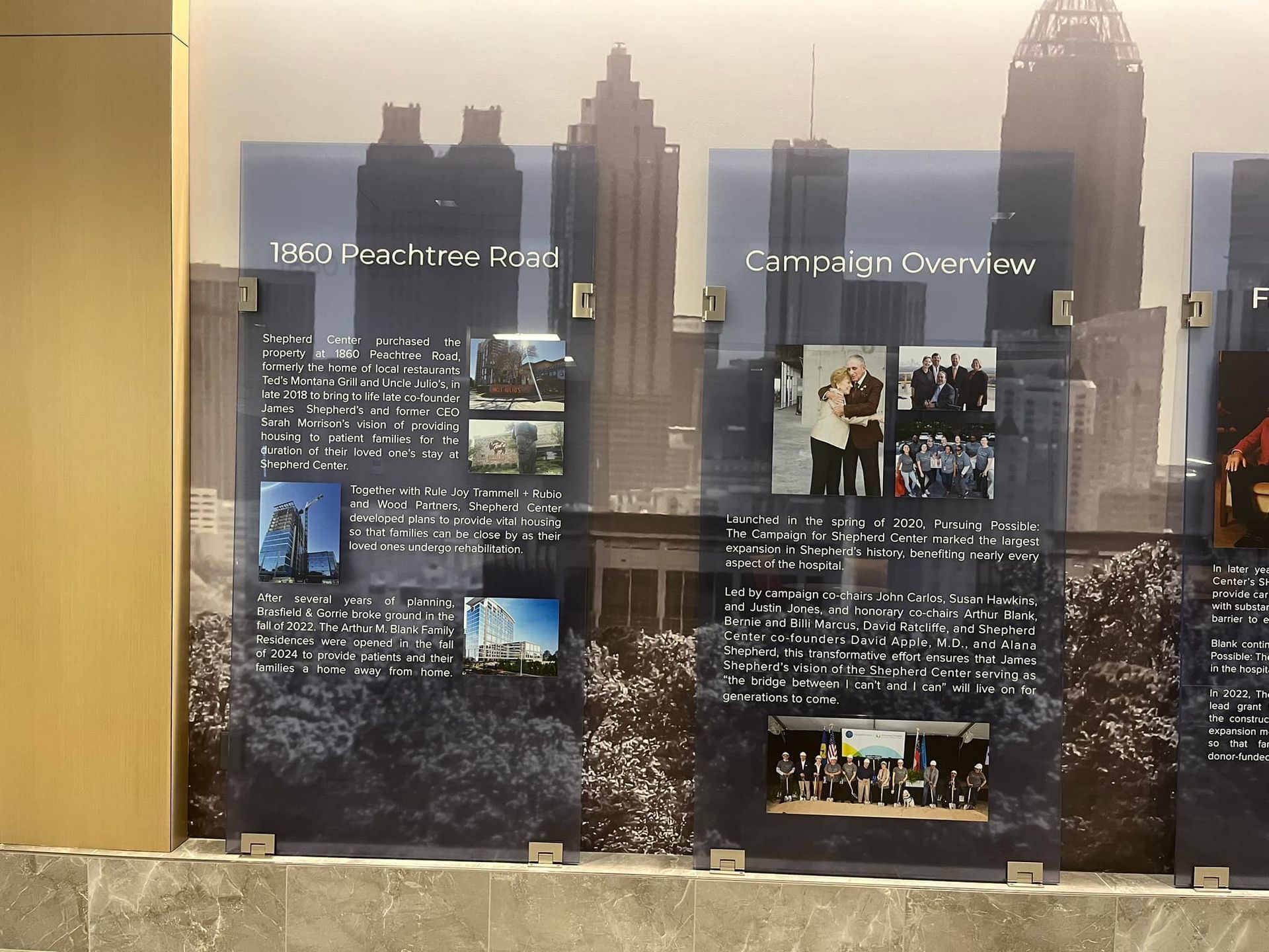 Timeline with photos and text against a cityscape background.