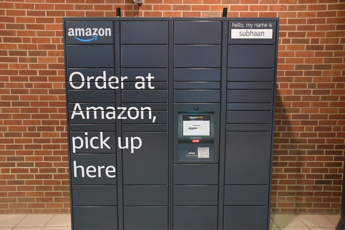 Amazon locker for order pickup, with text 