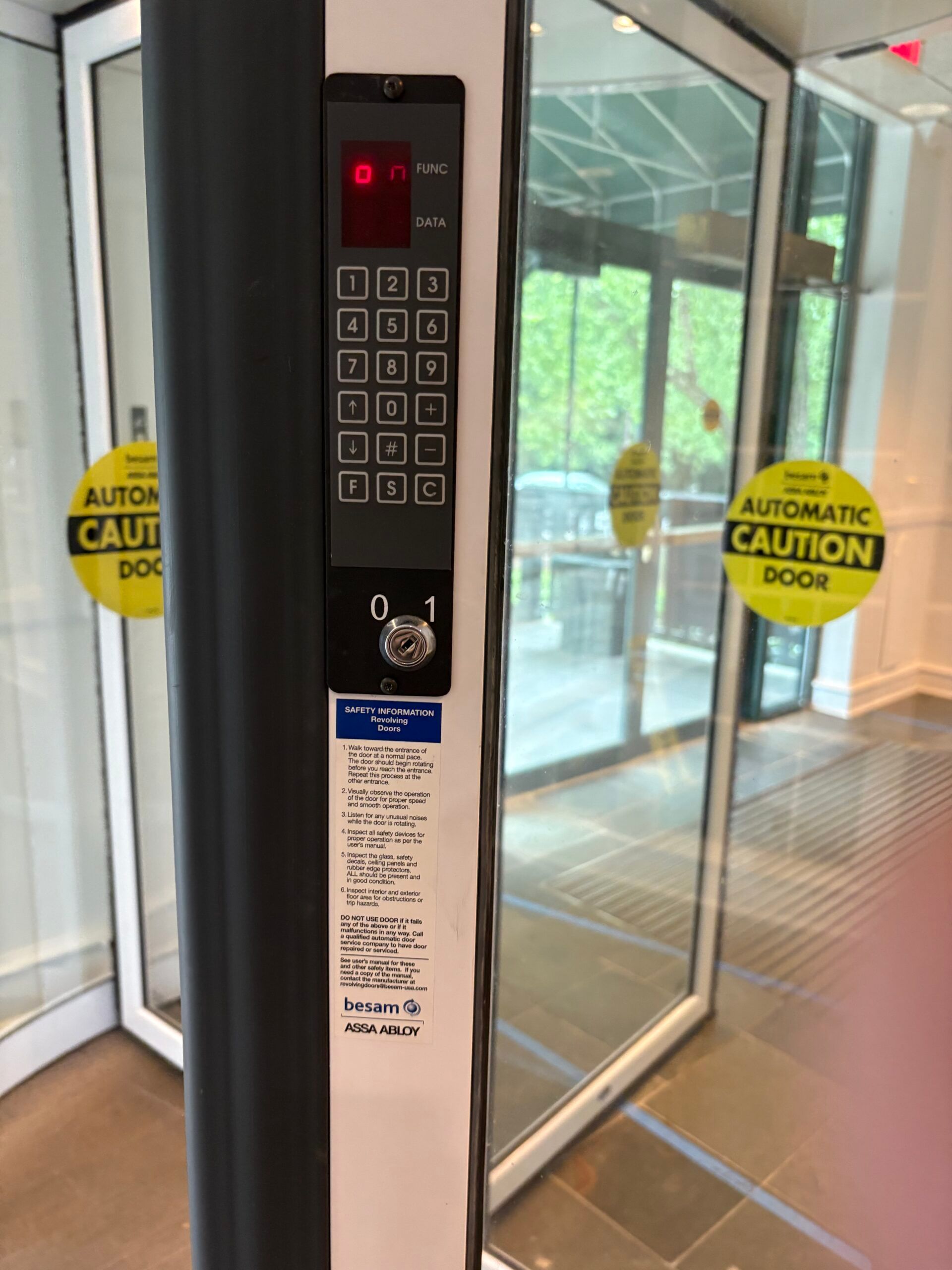 Security keypad and door access control on a revolving door.