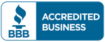 A blue and white badge that says BBB accredited business on it.