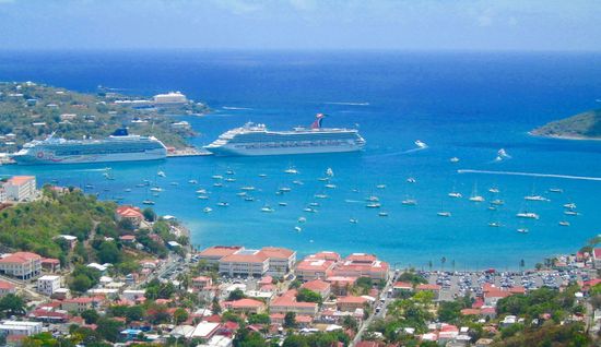 Two cruise ships are docked in a harbor surrounded by boats