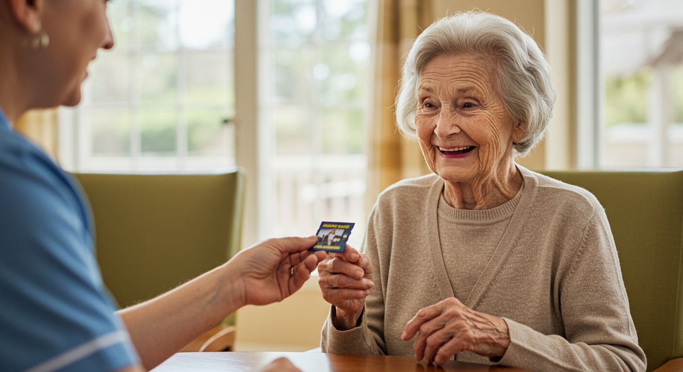 A healthcare worker hands a card to an elderly woman sitting indoors; both smile.