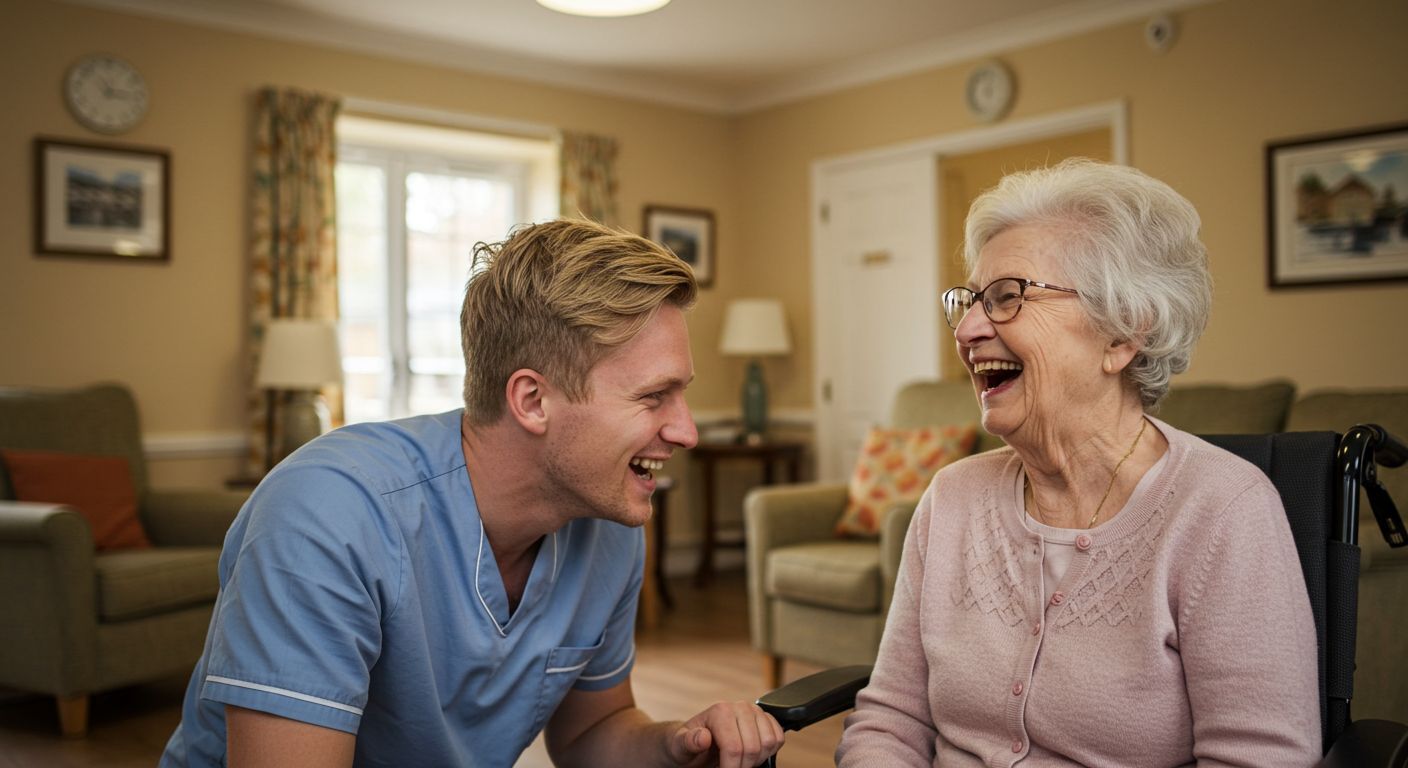 Caregiver and elderly woman laughing together in a well-lit living room.
