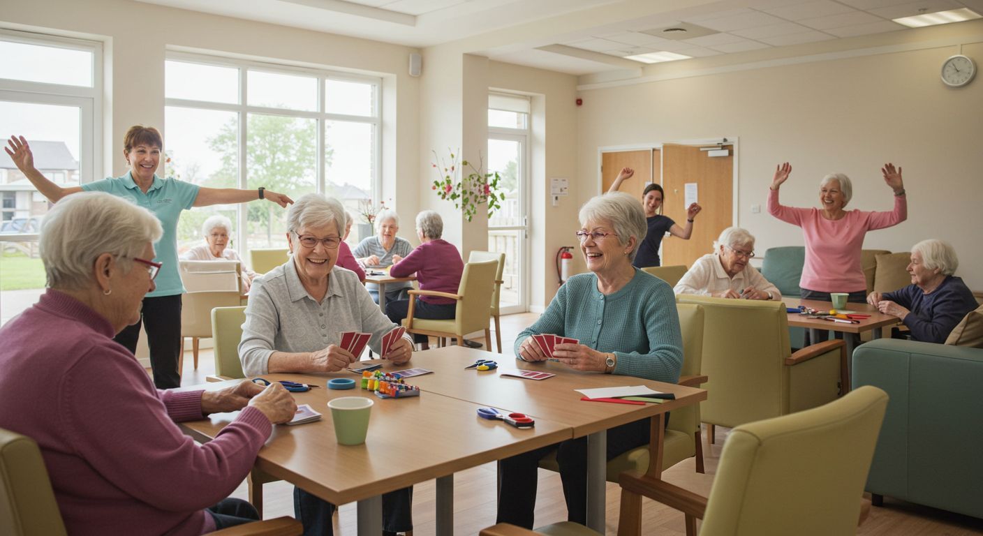 Seniors playing cards and doing exercises in a light-filled activity room. Joyful expressions and colorful outfits.