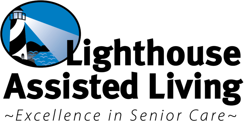 Logo for Lighthouse Assisted Living featuring a lighthouse beacon over blue water, text 