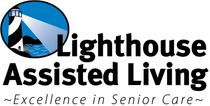 Logo for Lighthouse Assisted Living featuring a lighthouse beacon over blue water, text 