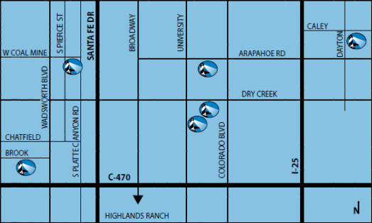 Map showing roads like Santa Fe, Broadway, University, I-25, and landmarks in a blue grid.