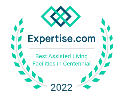 Expertise.com award: Best Assisted Living Facilities in Centennial, 2022. Turquoise laurel wreath with a logo.