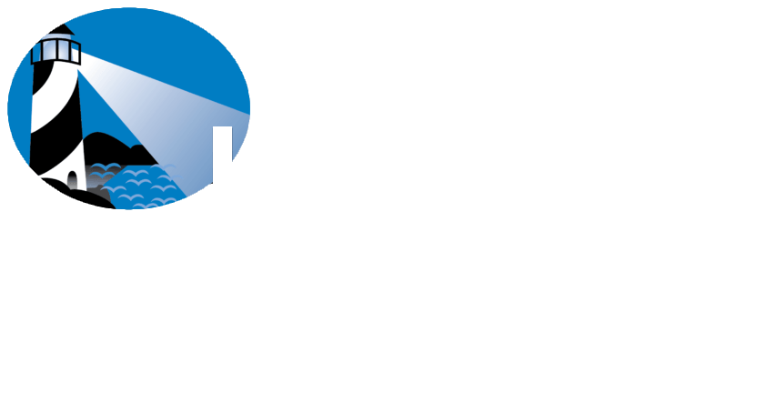 Logo for Lighthouse Assisted Living featuring a lighthouse beacon over blue water, text 