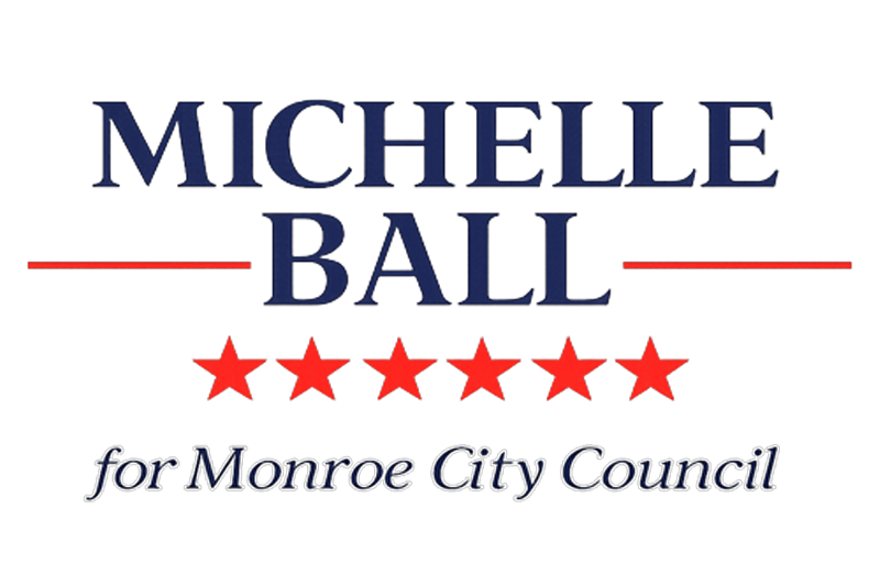 Campaign logo for Michelle Ball, candidate for Monroe City Council. Blue text with red horizontal lines and stars.
