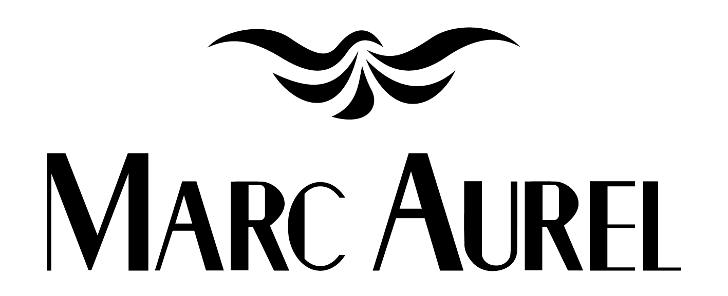 Ein schwarz-weißes Logo für Marc Aurel mit einem Vogel darauf