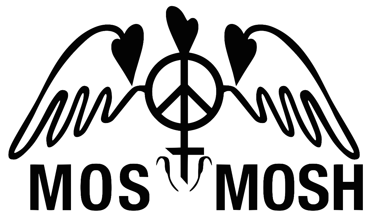 Ein schwarz-weißes Logo für Mos Mosh mit einem Peace-Zeichen und Herzen.