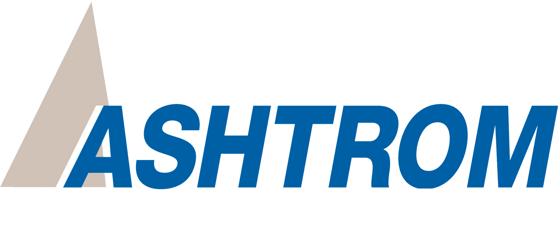 ASHTROM logo in blue text with a beige triangular mark on a white background