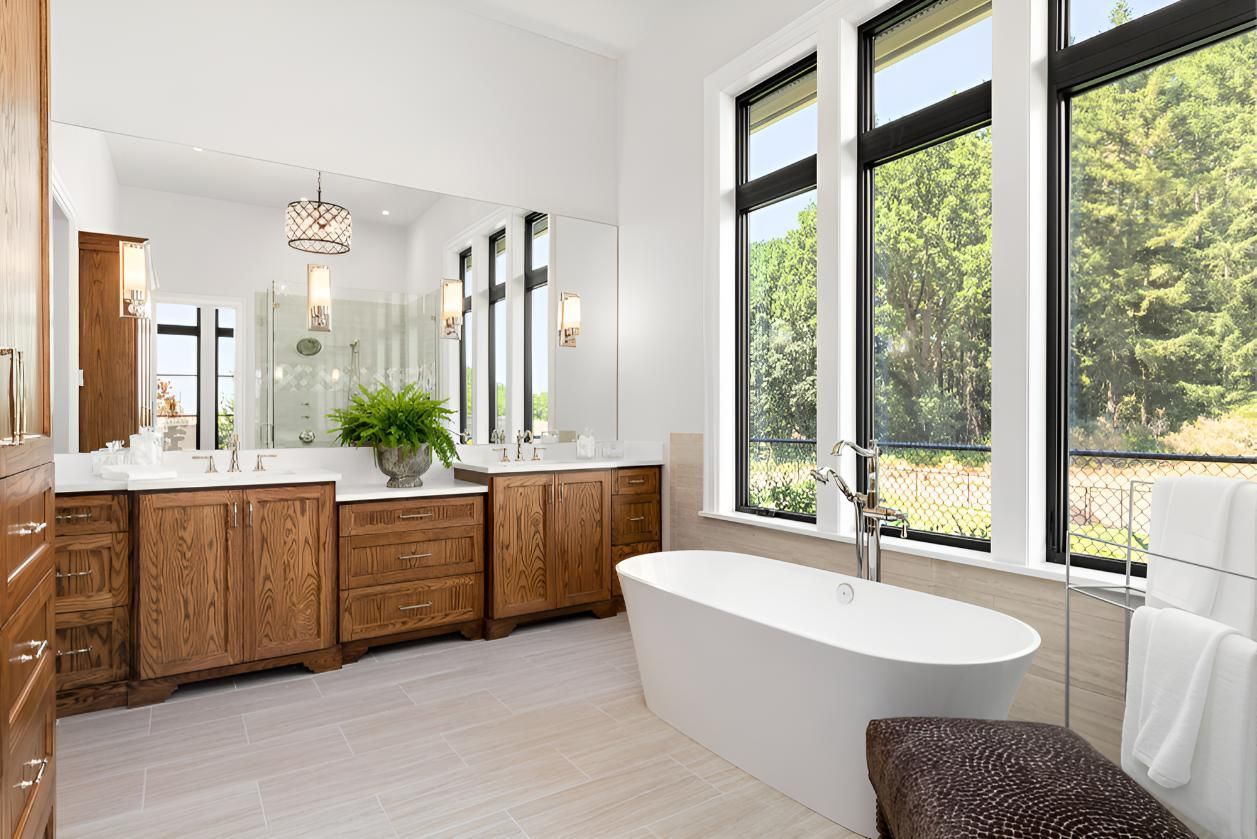 Bathroom With Two Sinks, Tub, and a Lot of Windows — Luke Barry Plumbing in Surfers Paradise, QLD