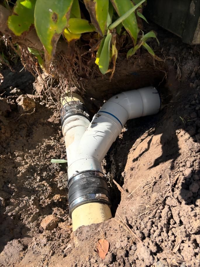 Pvc Pipe is Laying in the Dirt Next to a Tree — Luke Barry Plumbing in Upper Coomera, QLD