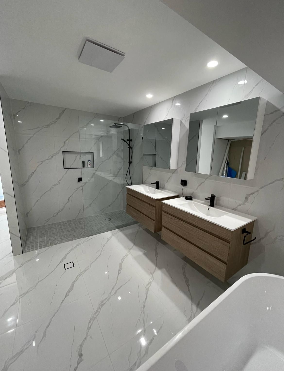 Bathroom With Two Sinks and a Walk in Shower — Luke Barry Plumbing in Burleigh Heads, QLD