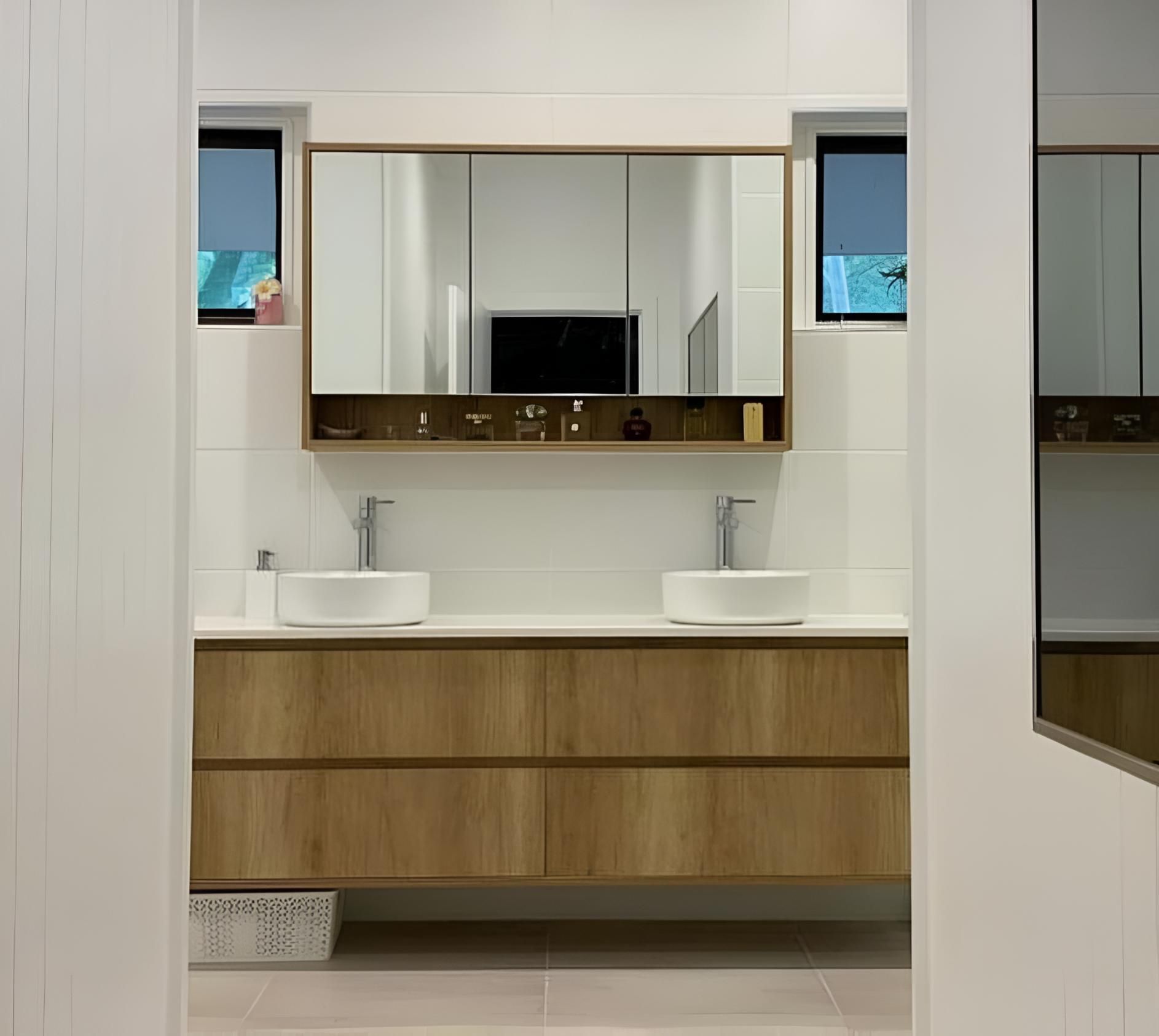Bathroom With Two Sinks and a Mirror — Luke Barry Plumbing in Mudgeeraba, QLD