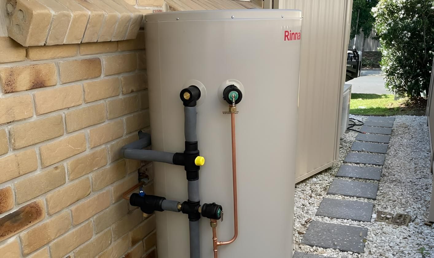 White Water Heater is Sitting Next to a Brick Wall — Luke Barry Plumbing in Mudgeeraba, QLD