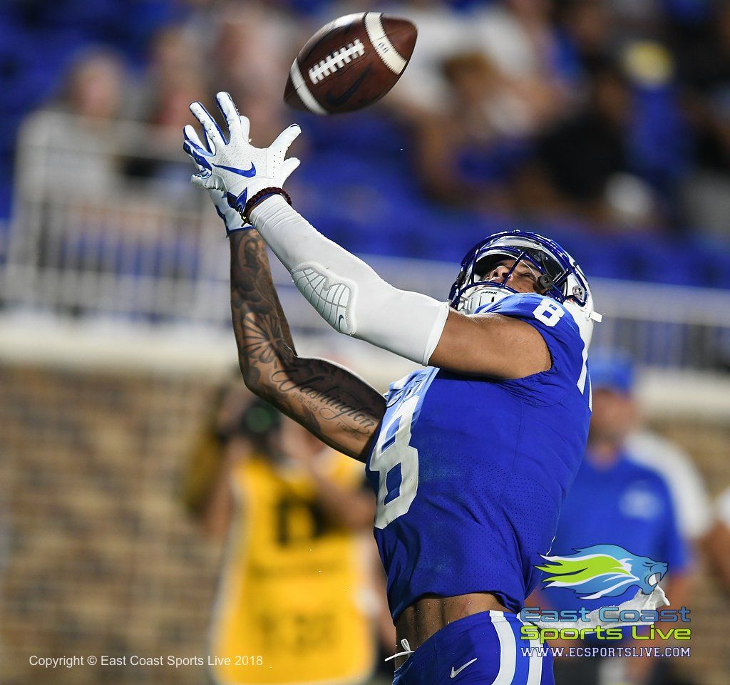 Football player in blue uniform jumps to catch ball.