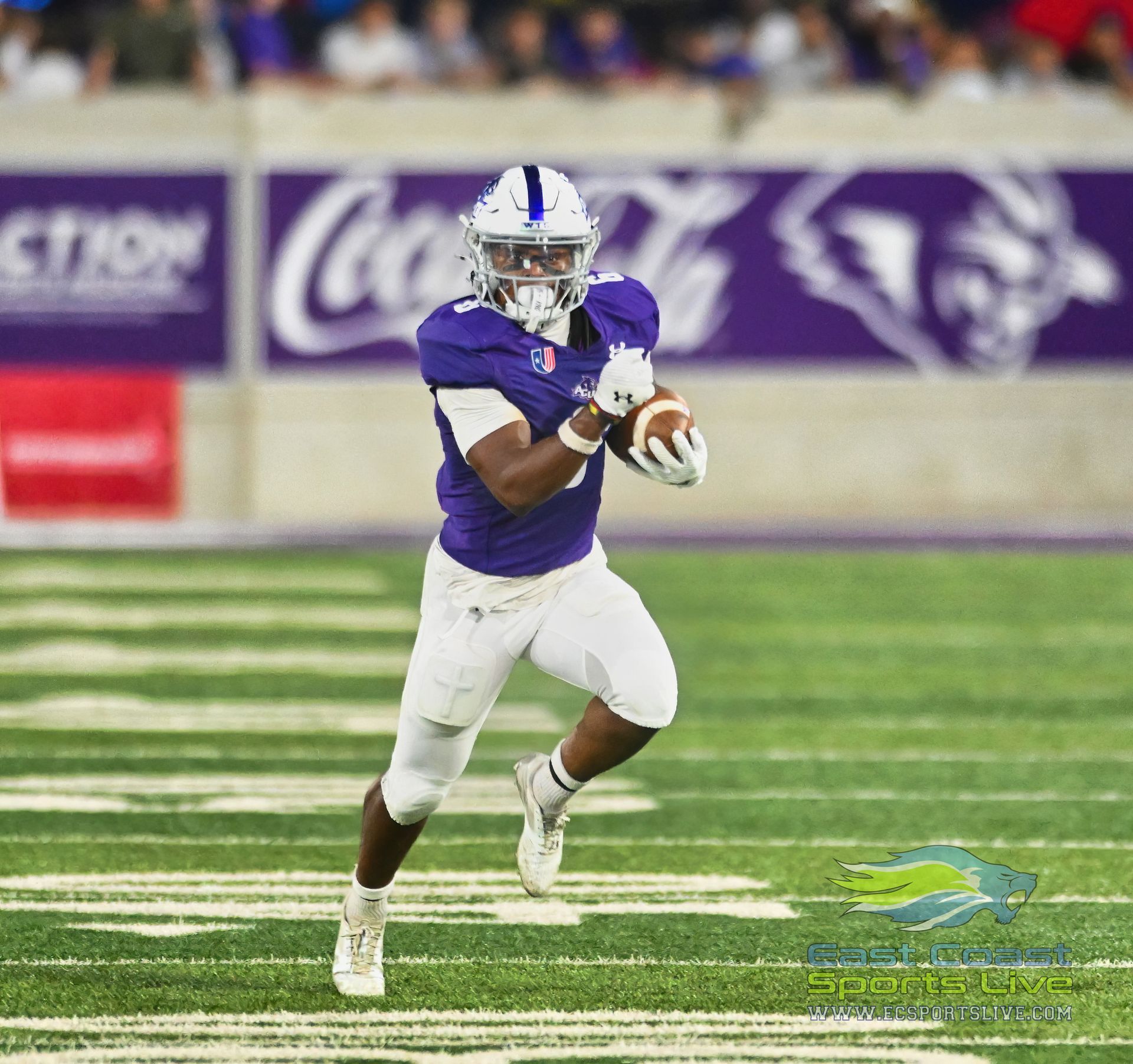 A football player in a purple uniform is running with the ball