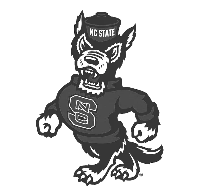 A black and white drawing of a wolf wearing a mc state hat.