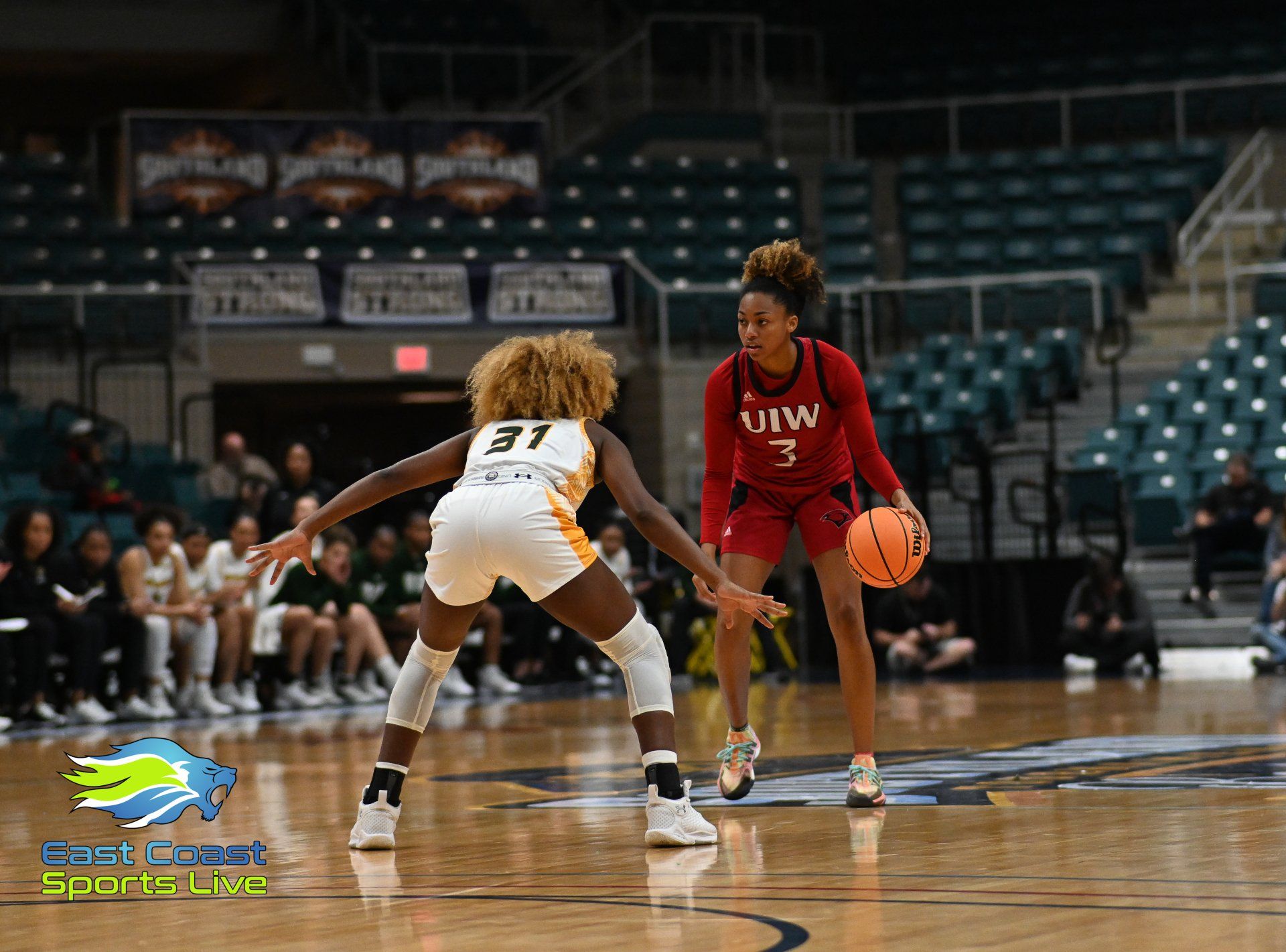 Two women are playing basketball on a court.