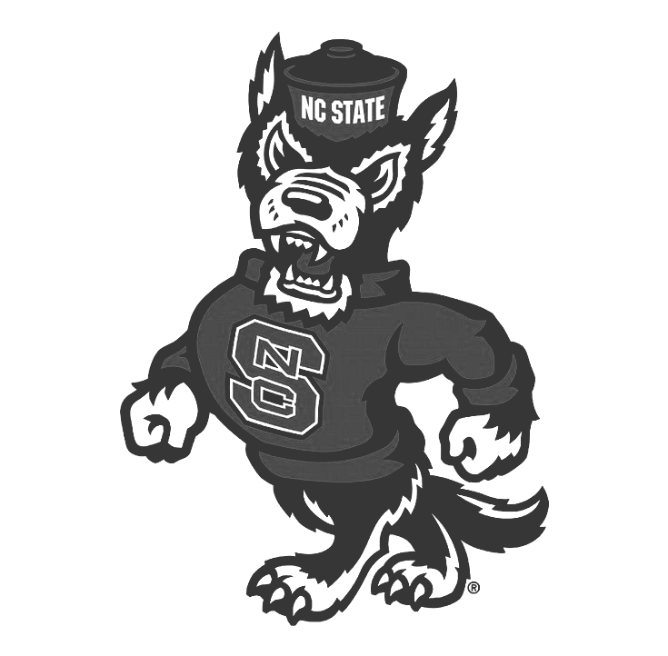 A black and white drawing of a wolf wearing a mc state hat.