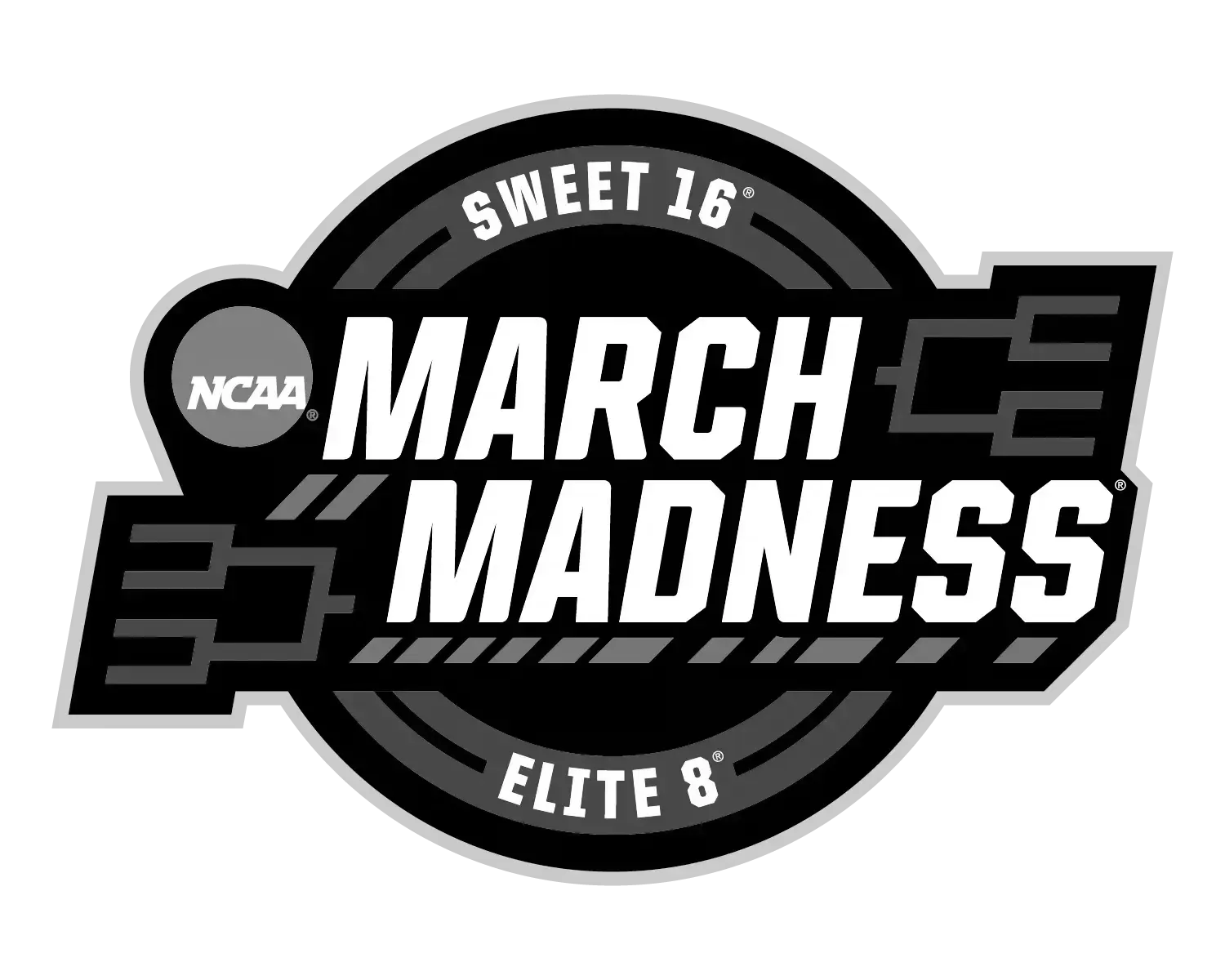 A black and white logo for the march madness basketball tournament.