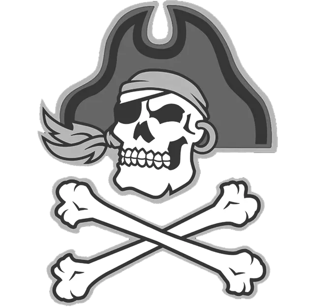 A black and white drawing of a pirate skull and crossbones