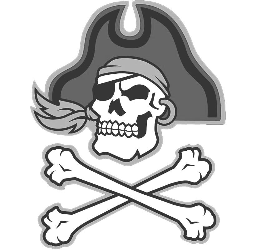 A black and white drawing of a pirate skull and crossbones