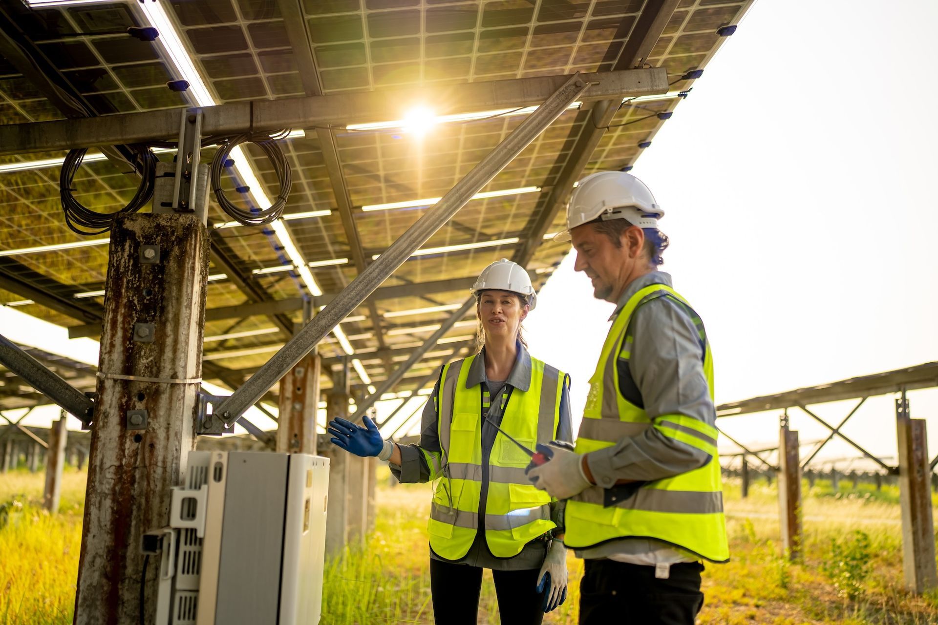 A man and a woman are working on a solar farm.