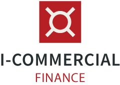 Logo for I-Commercial Finance featuring a red square with a white geometric symbol, and the company name below in black and red text.