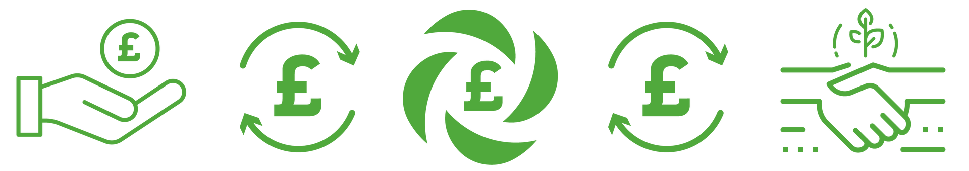 A set of green currency symbols on a white background.