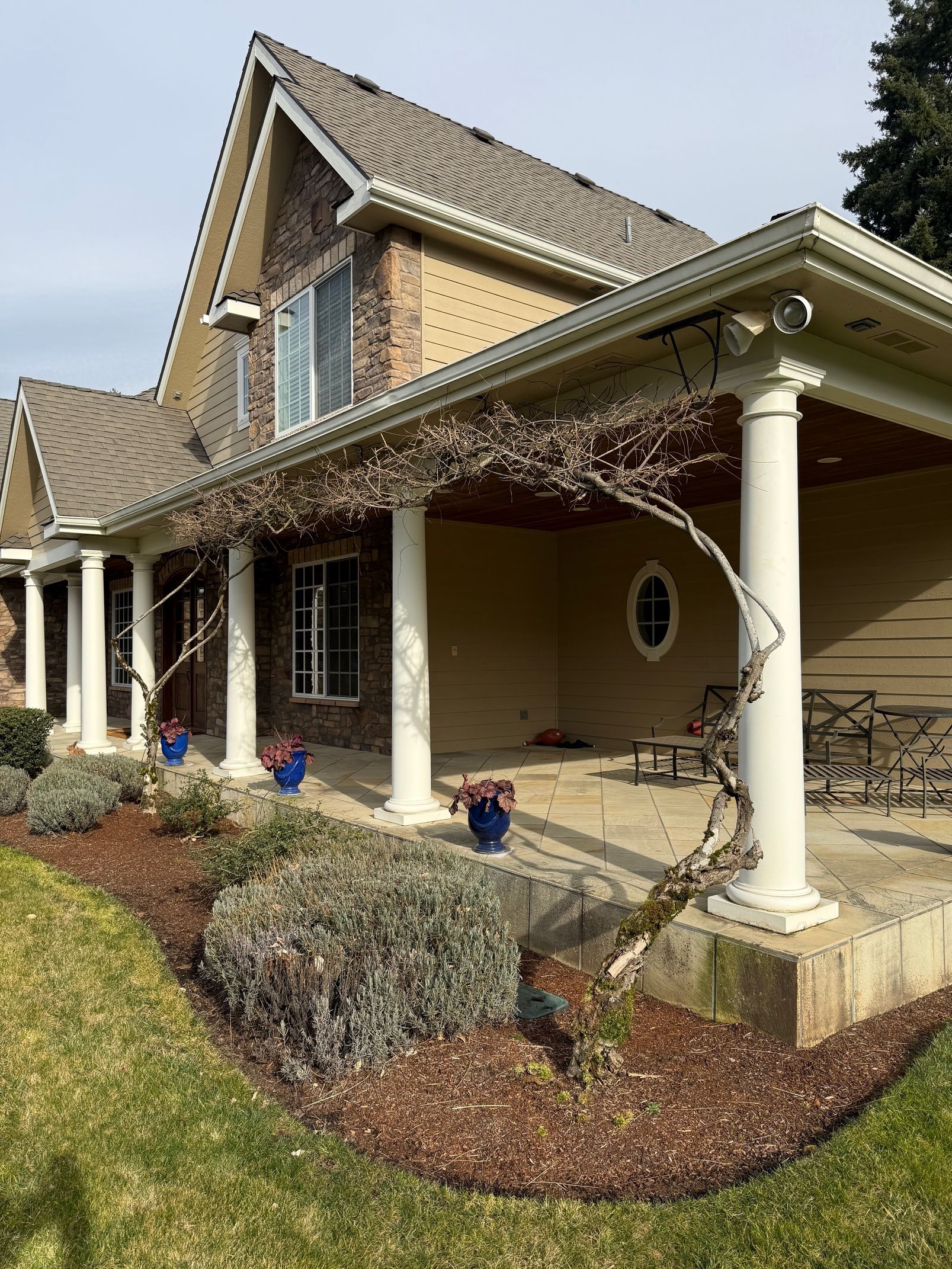 Brick house with white columns and a covered porch, surrounded by landscaped shrubs and grass.