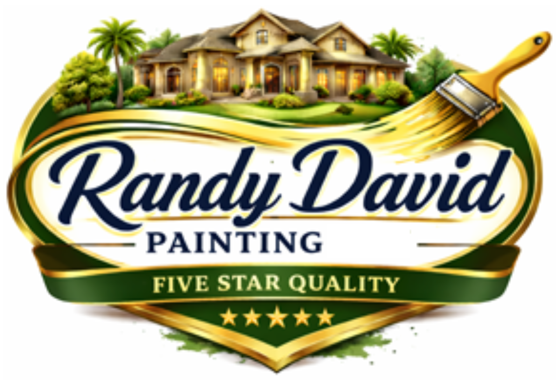 Randy David Painting logo with house, palm trees, and gold paintbrush, &ldquo;Five Star Quality&rdquo; emblem