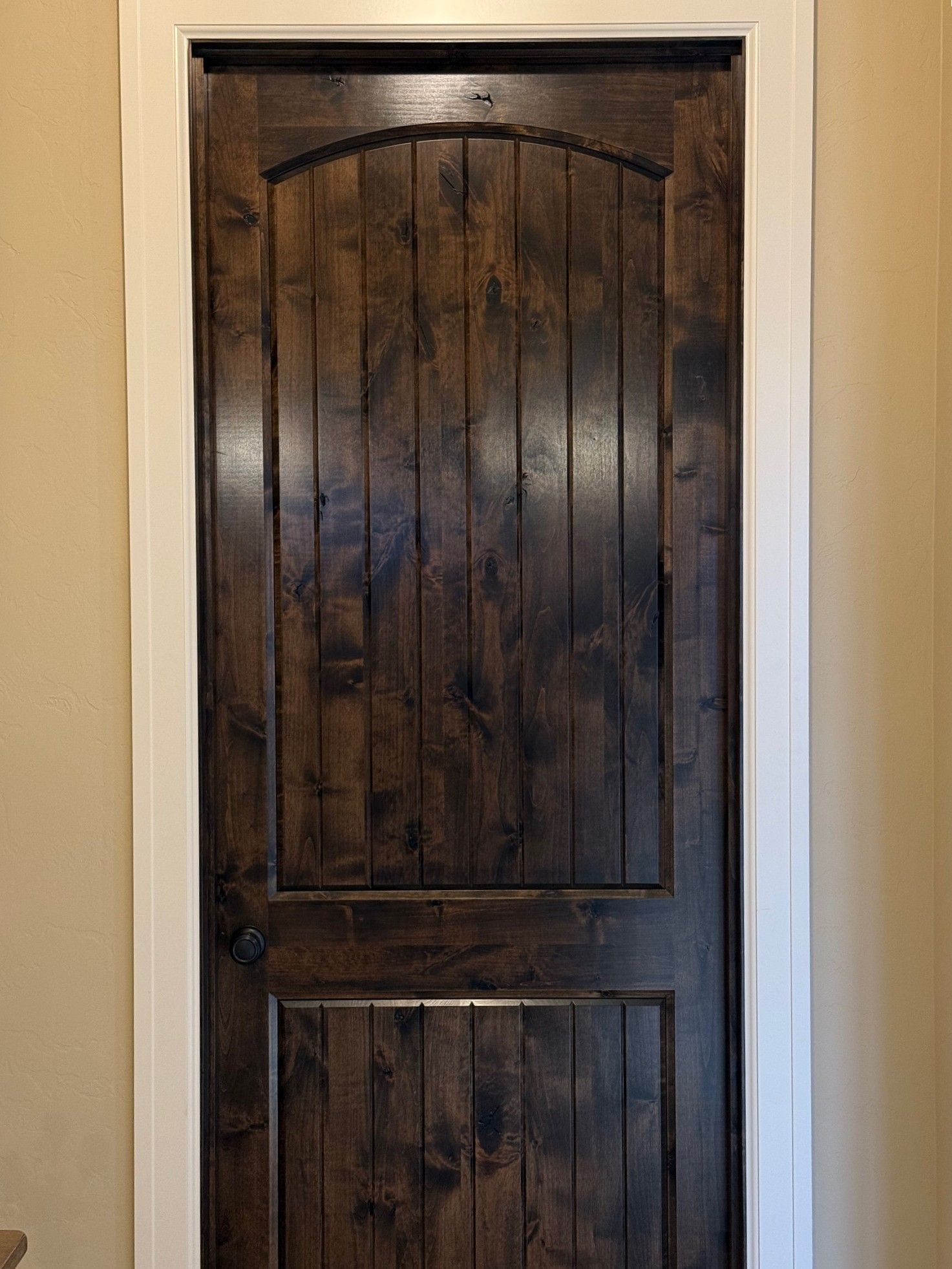 Dark wooden paneled door set in a beige wall opening.