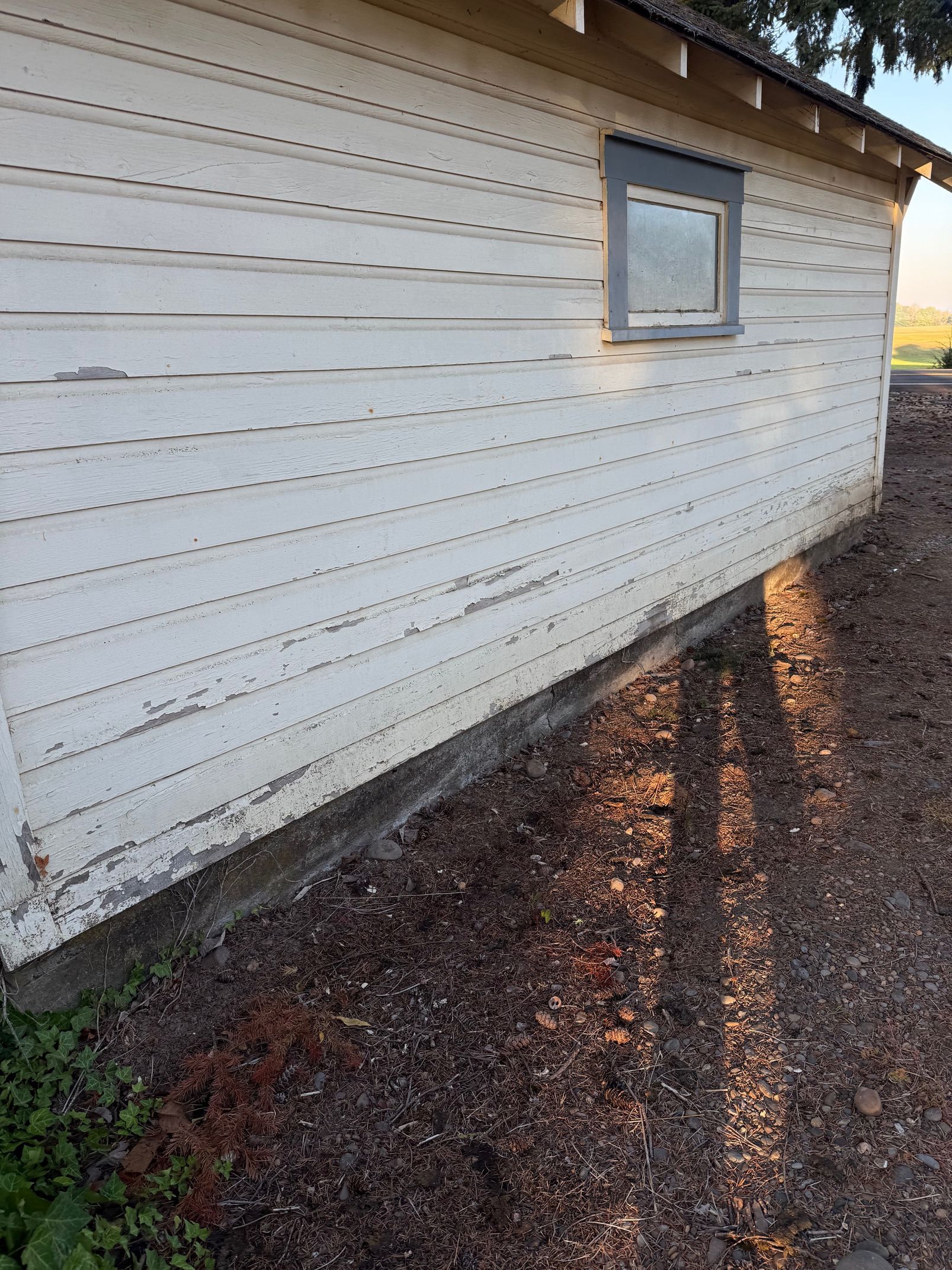 White house siding with a small window, beside a muddy dirt path in sunlight