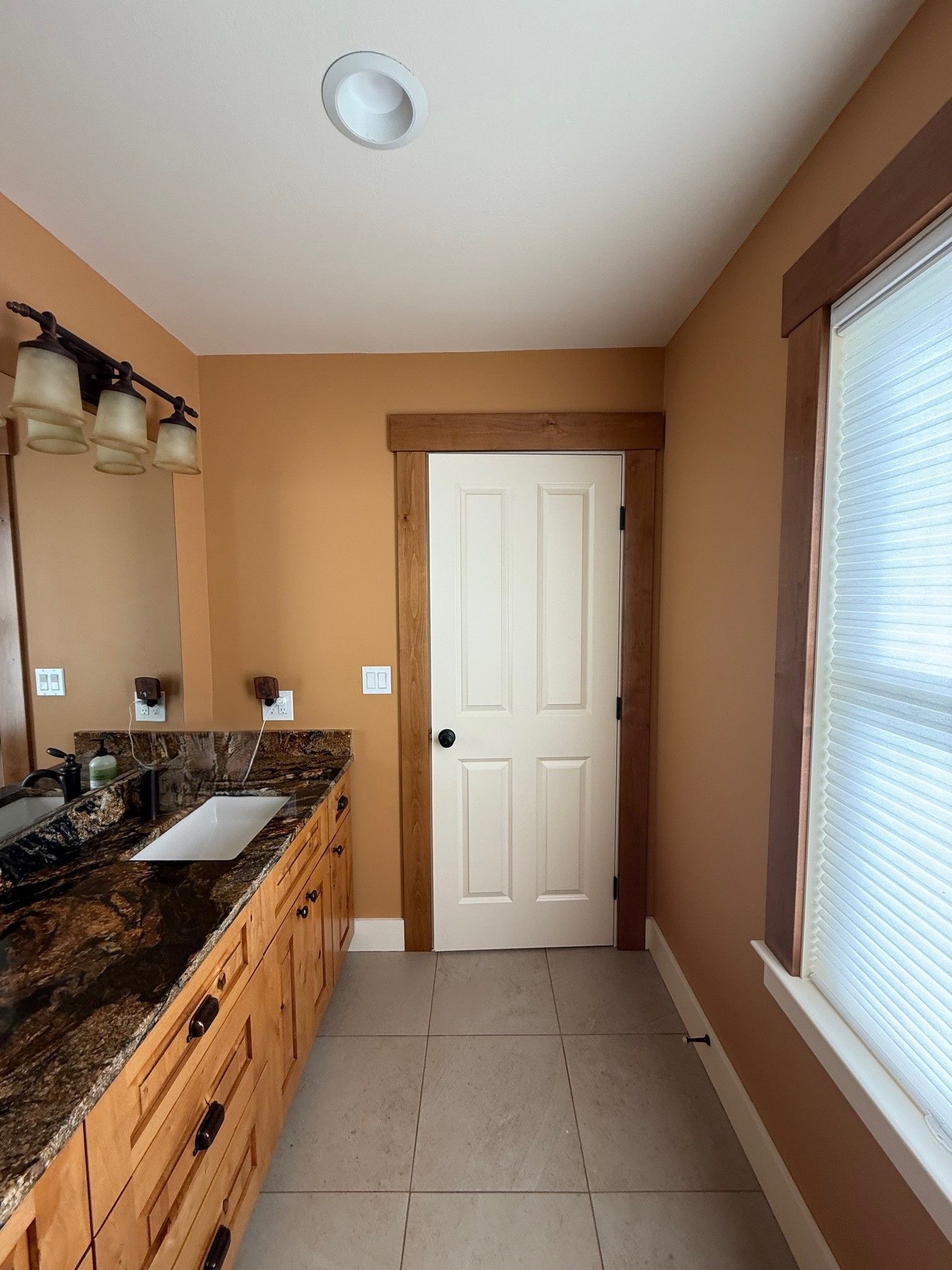 Bathroom with tan walls, white door, large window, and granite countertop with double sink.