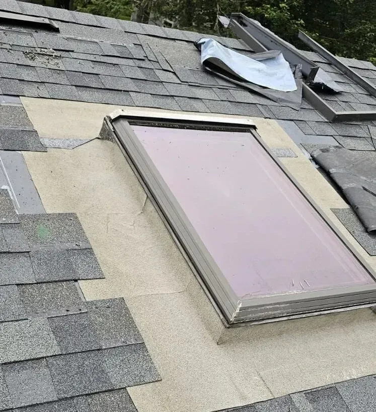 A roof with a skylight on top of it