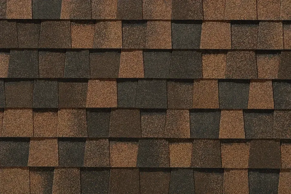 A close up of a roof with brown and black shingles