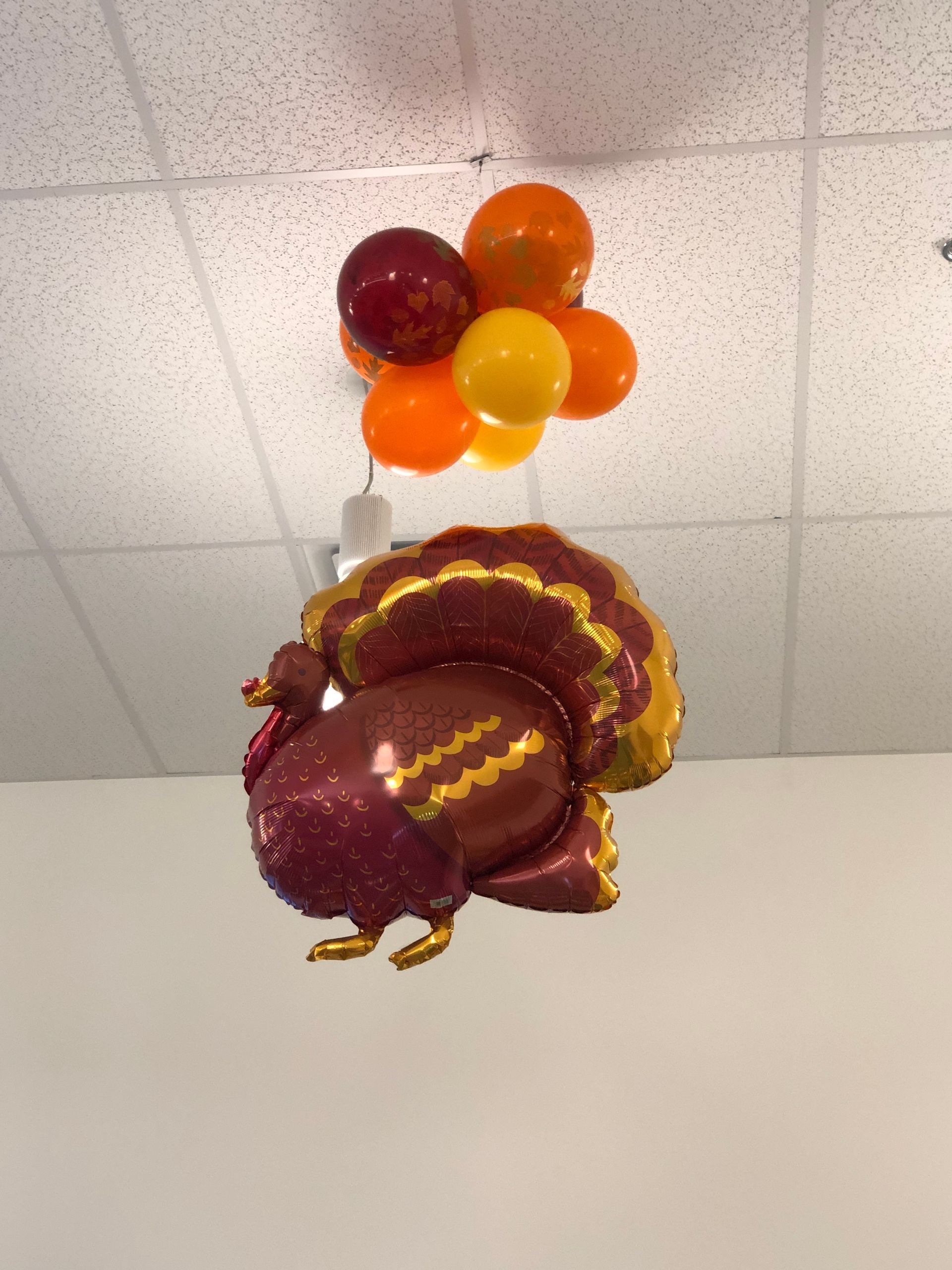 A turkey shaped balloon is hanging from the ceiling
