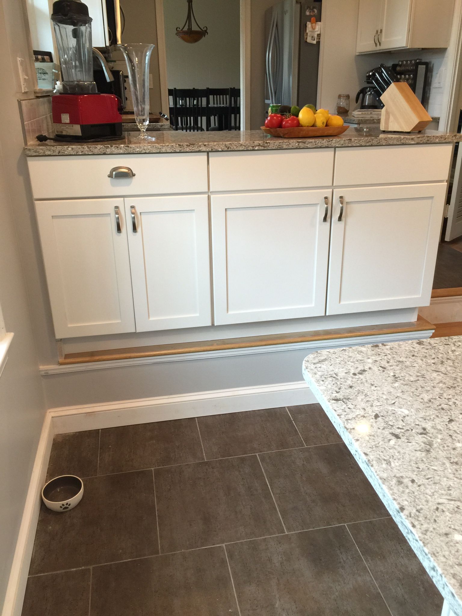 White kitchen cabinets below a countertop, with a dark-tiled floor and a pet bowl visible.