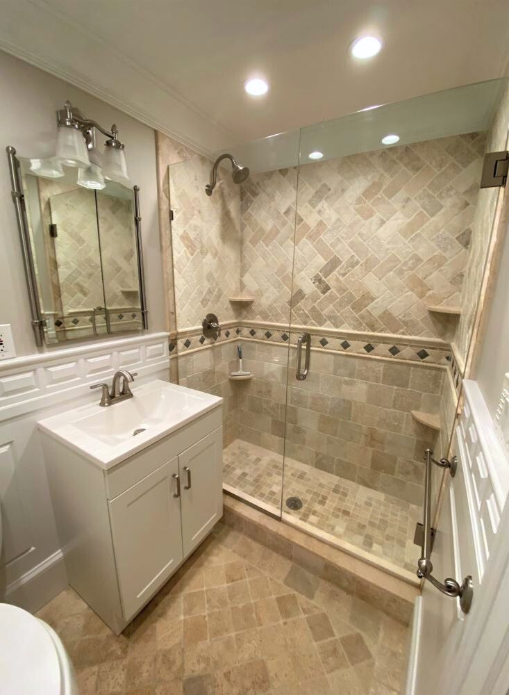 bathroom with special cut wainscoting