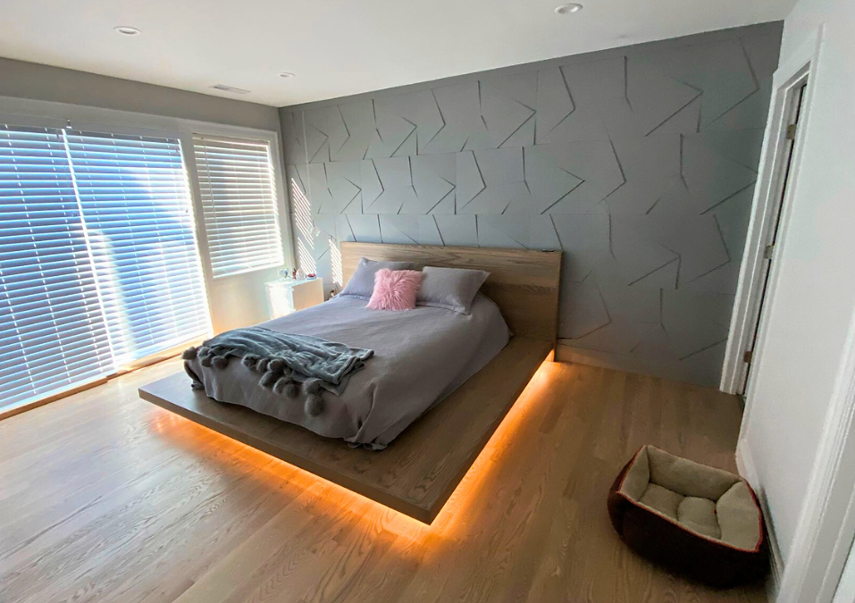 geometric wood patterned accent wall