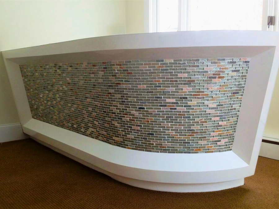 curved reception desk with tile